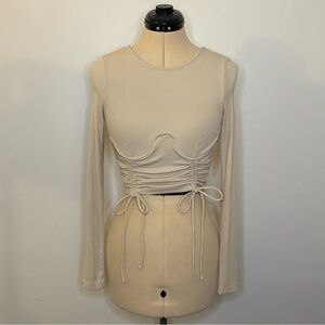 Princess Polly beige corset-style long sleeve crop top with cinch tie details, 6